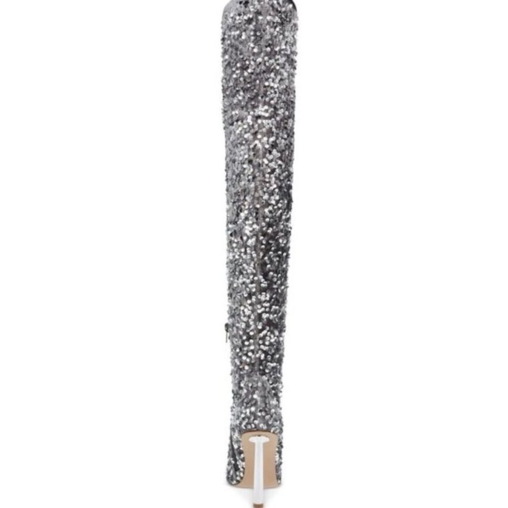Steve Madden Silver Sequin Over-The-Knee Pointed Toe Stiletto Heel Boots Size 7 - Picture 15 of 15